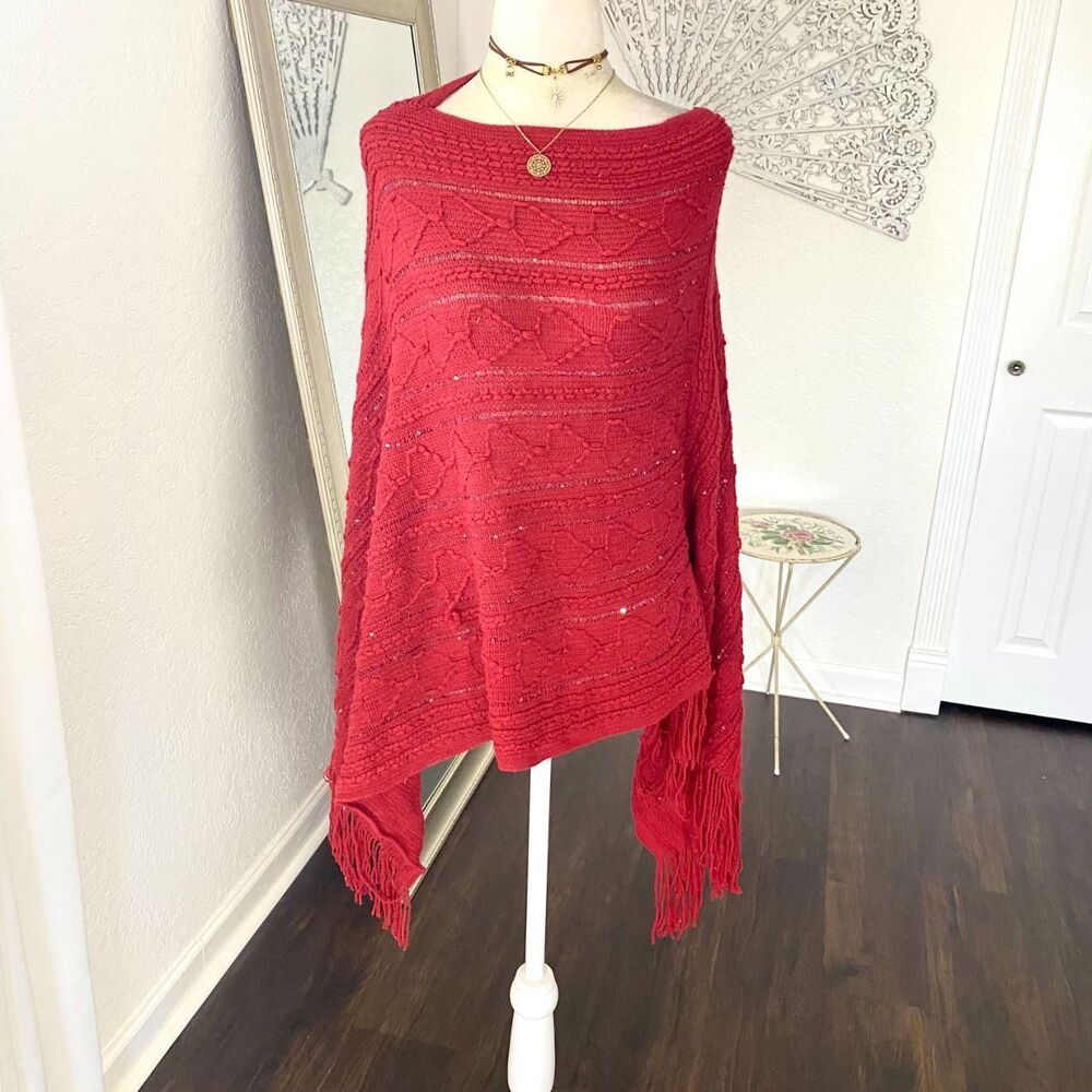 Red Knitted Lightweight Boho Sequin Fringe Asymmetric Knit Shawl Top Poncho OS
